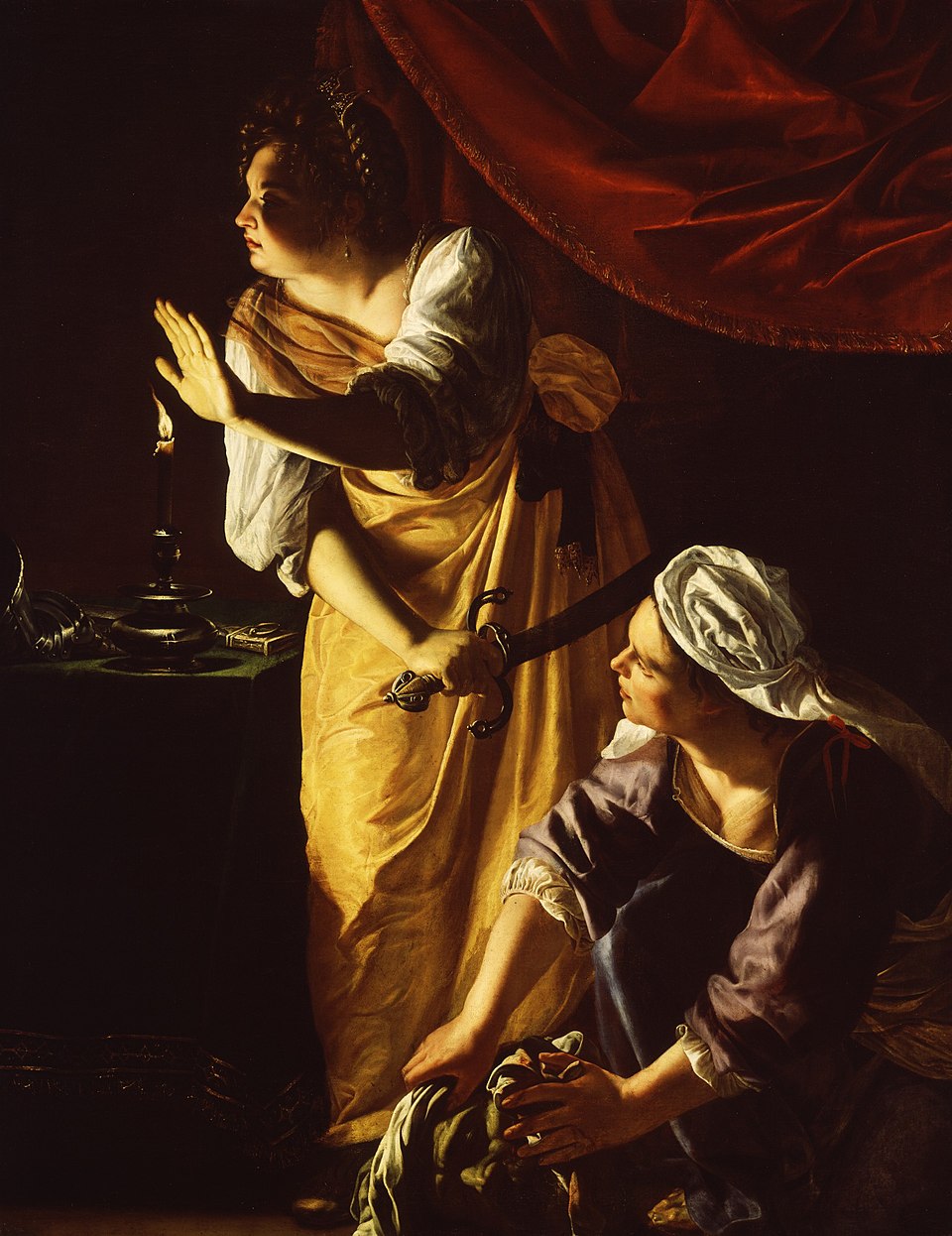 After the behenading of Holofernes, the maidservant Abra is wrapping the severed head in a bag, while Judith keeps watch holding a sword.