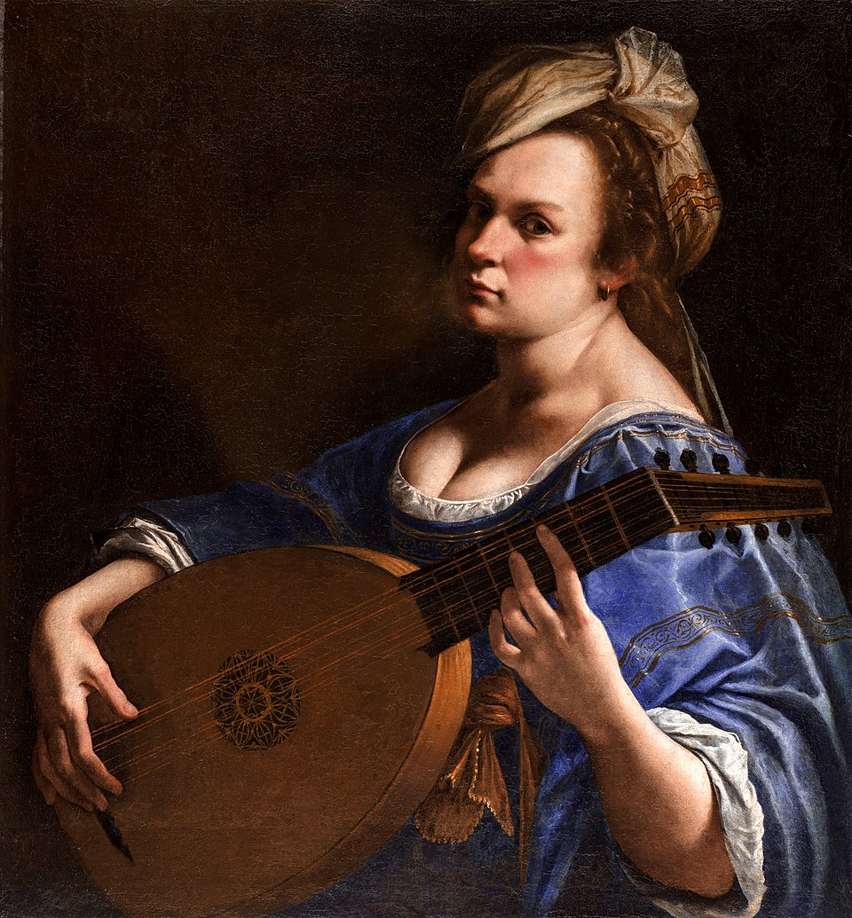An oil painting of a woman with chesnut coloured hair, wearing a white headscarf and a blue dress is holding a lute, she looks rather bored