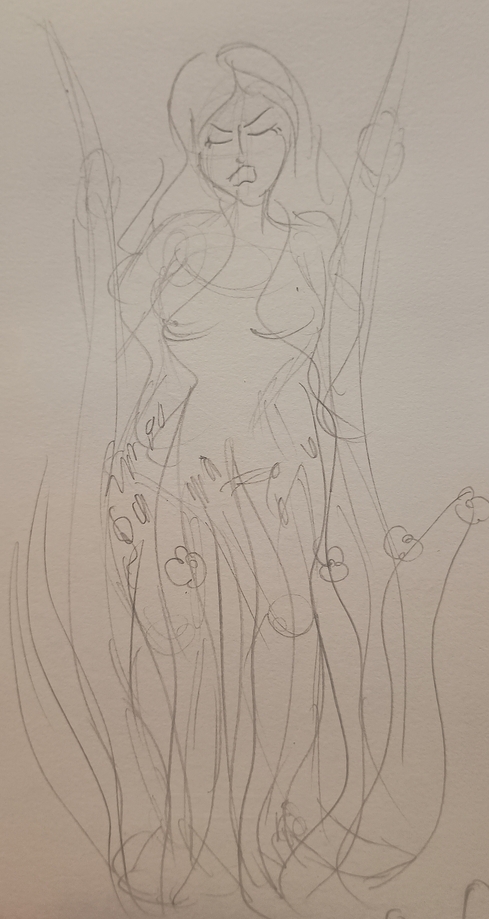 A pencil sketch of a woman crying in agony, cluthcing the tall grass around her