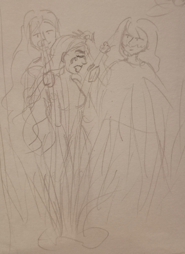 A cartoony sketch of a woman clutching grass and crying, there are two men behind her and a small owl in the top right corner