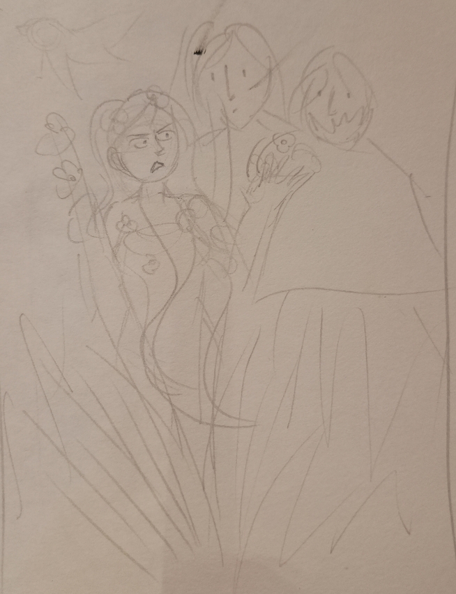 A cartoony sketch of a woman rebuffing two men and looking annoyed at them, an owl is flying in the top left corner