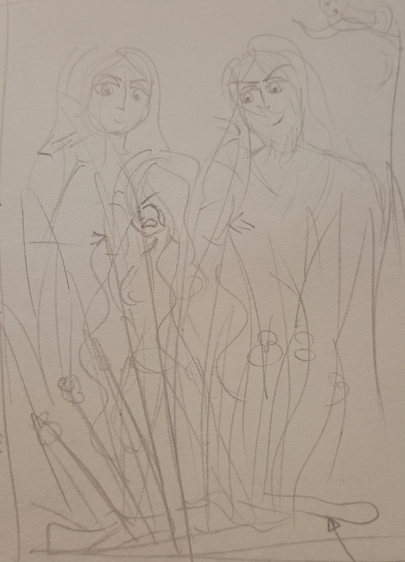A cartoony sketch of a woman sobbing and clutching the grass around her as two men loom over her. An owl is perched on a tree in the background