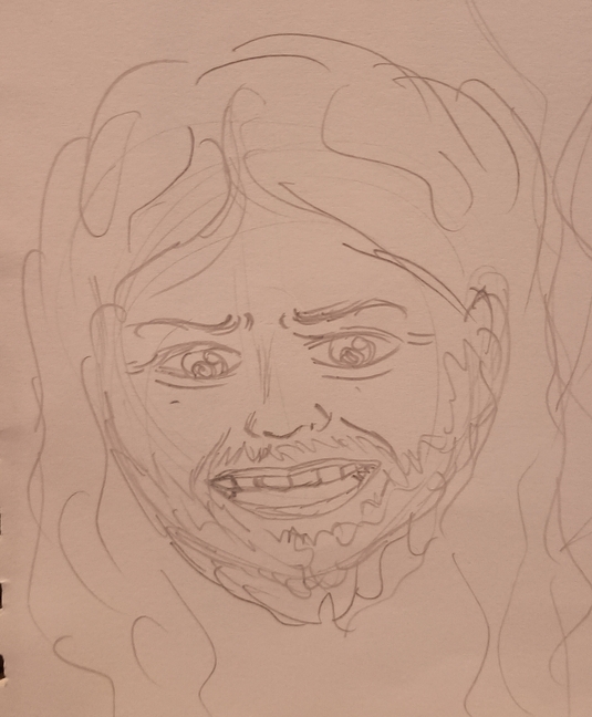 A sketch of a man with a wide face grinning menacingly, his mouth slightly open