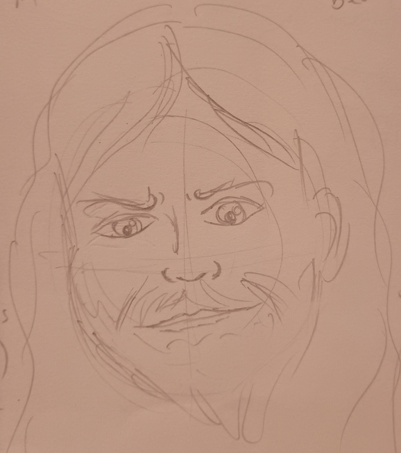 A sketch of a man with a wide face smiling menacingly, his mouth is closed
