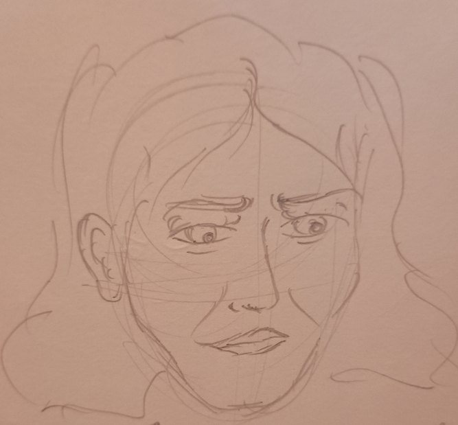 A sketch of a man with a thin face smiling cruely, his mouth is closed