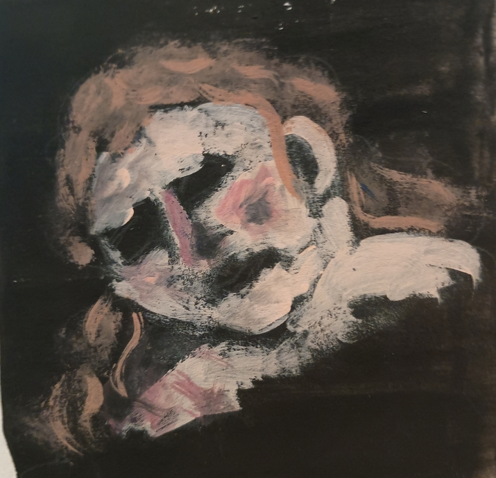 A somewhat ghostly looking woman's face on a black background (her eyes and mouth are blank)