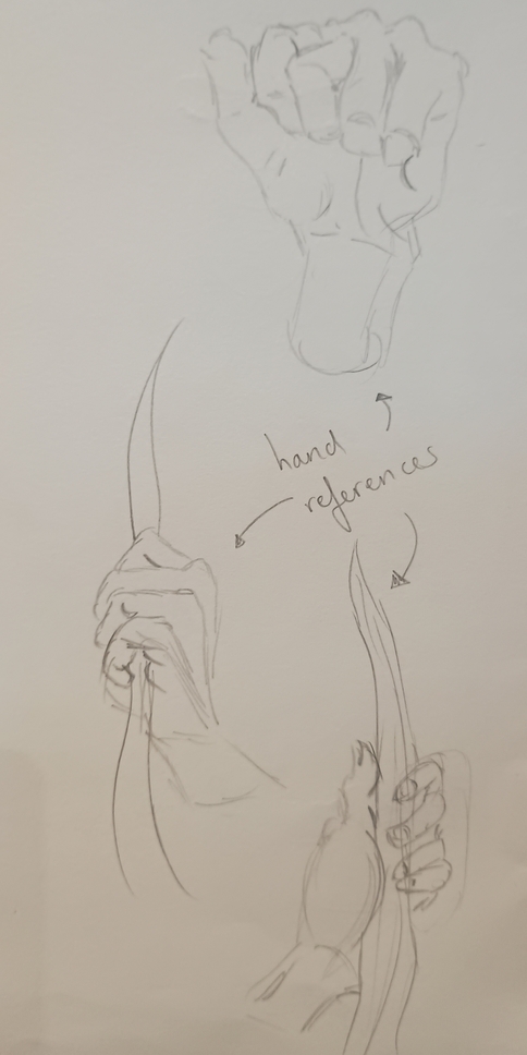 A pencil drawing of three hands clasping, two of the hands clasping thick blades of grass