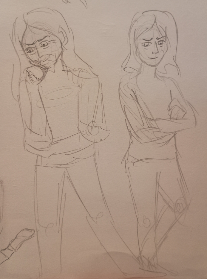 Cartoony sketch of two men standing in a overbearing way, one with folded arms and the other leaning forward slightly