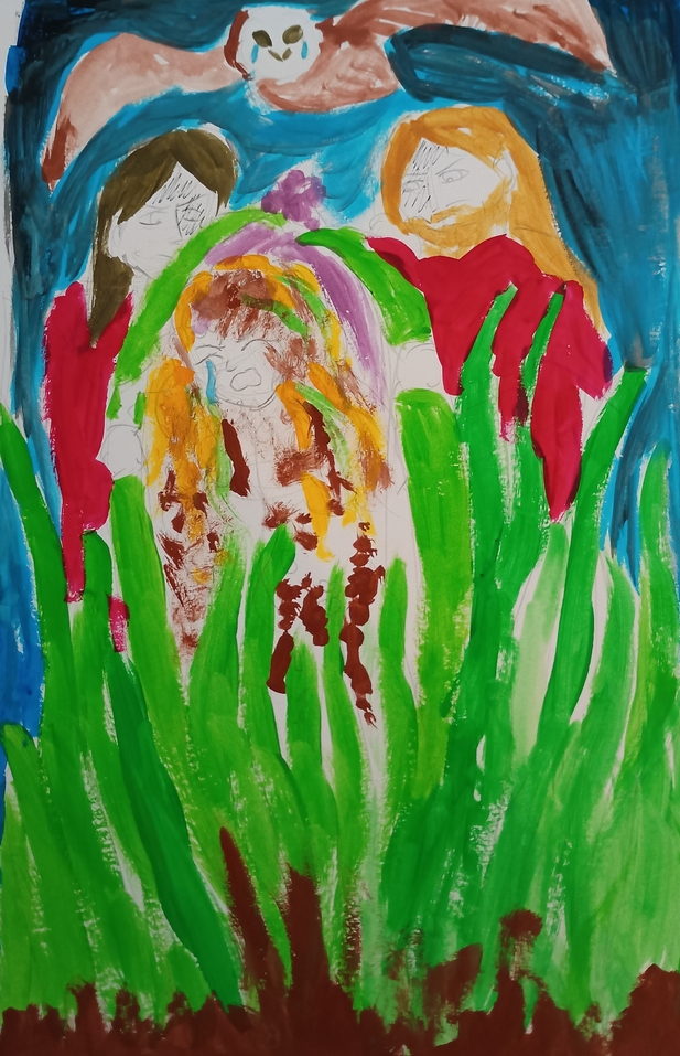 A gouache painting of of a woman sobbing and clutching the grass around her as two men loom over her. An owl flies ahead, almost framing the two men with its long wing span