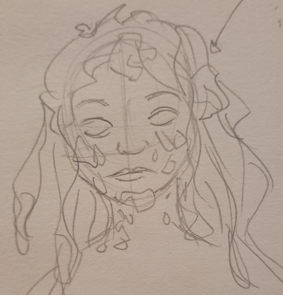 A portrait of a woman's face that is meant to look like it is covered in mud (hard to convey with no colouring or shading)