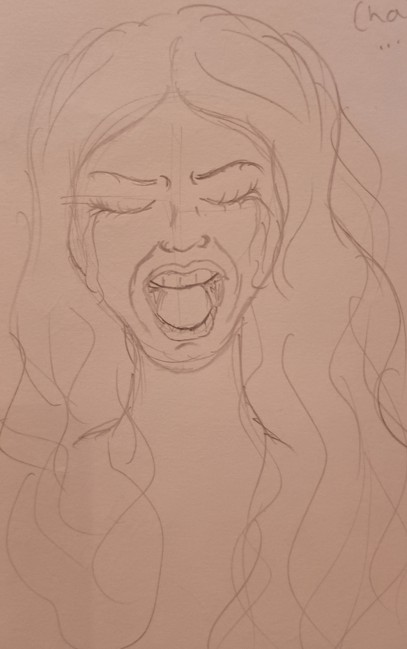 A sketch of a screaming woman's face