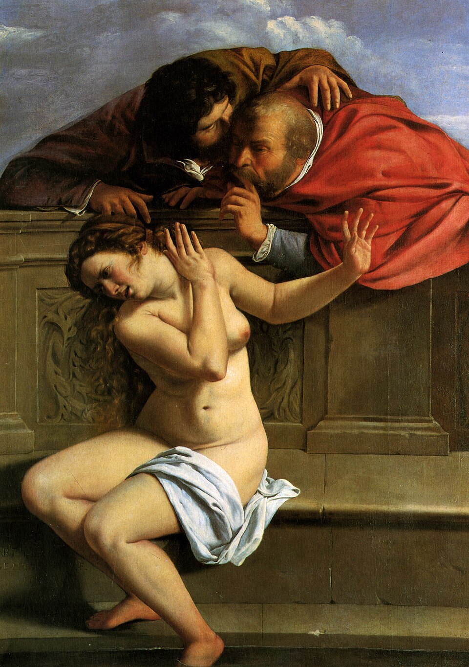 Two older men leer over a young woman (who is mostly naked as she is bathing) who is very uncomfortable and trying to fend them off