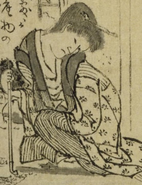Old fashioned Japanese ink drawing of a middle aged Japanese woman.