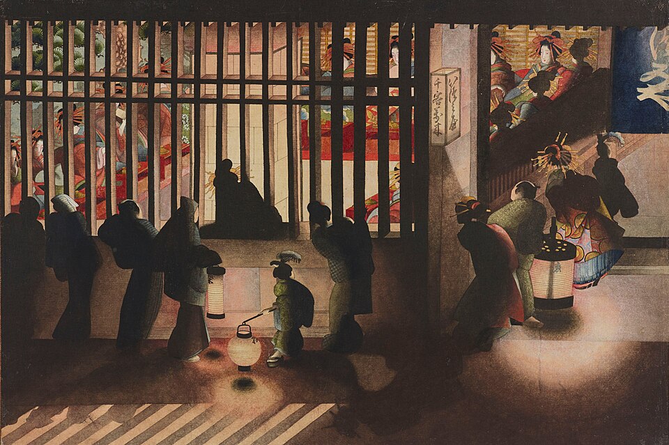 Onlookers, obscured by shadow, look into a grand room full of (I think) geishas