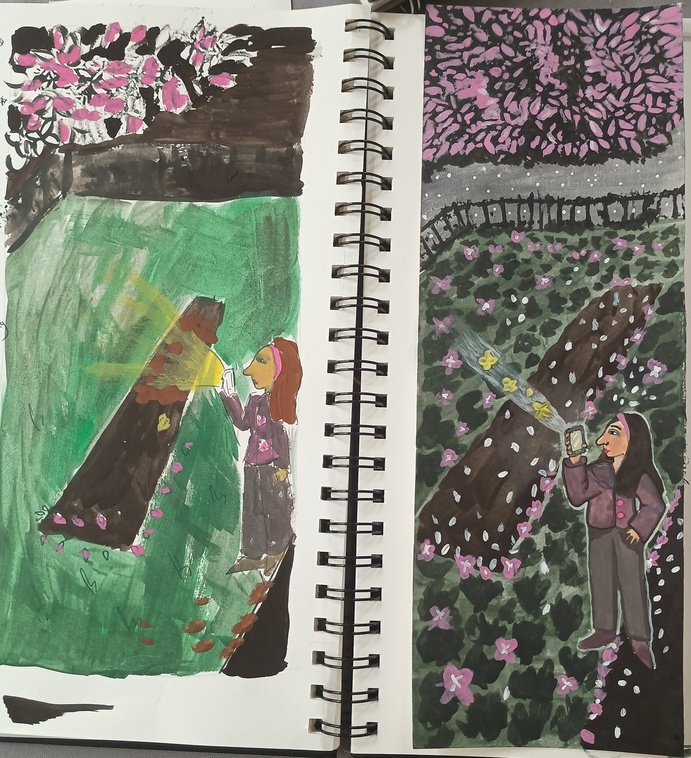 Draft and final paintings of a woman in a park in the night with her phone as the only light source. The blossom is pink.