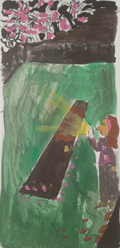 Goauche painting of a woman in a park in the night with her phone as the only light source. The blossoms are bright pink.
