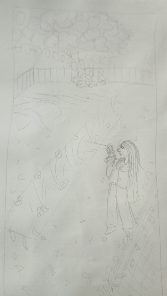 A lined sketch of a simplified version of the park, with a woman holding a phone (not in the photo)
