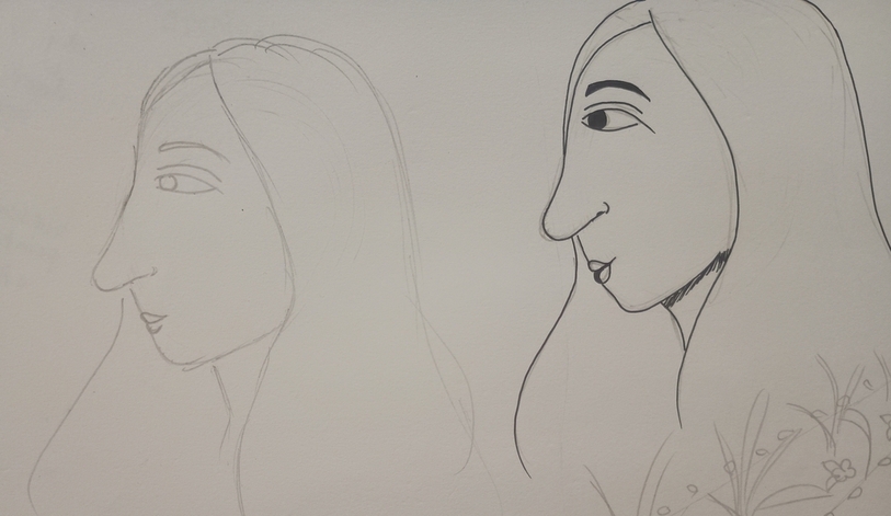 A pencil drawing and a fineliner drawing of an Indian woman in profile in the (attempted) style of Katsushika Oi