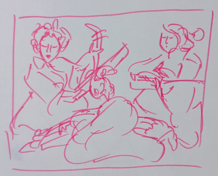Sketch of Three Women Playing Musical Instruments