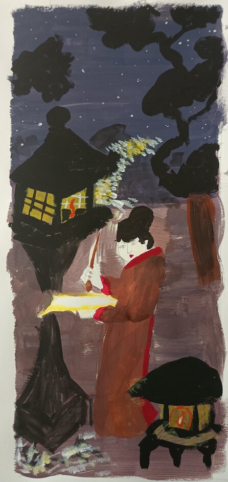Goauche painting of Beauty Viewing Cherry Blossoms At Night, less detailed mainly blocking out the main colours