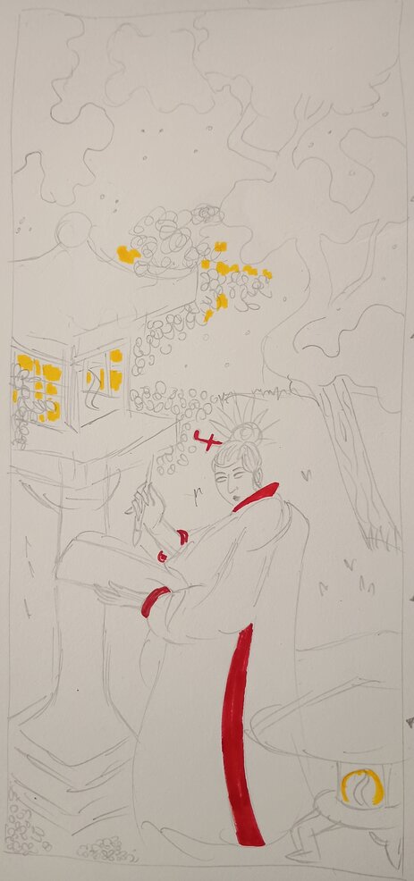 Sketch of Beauty Viewing Cherry Blossoms At Night done in penci with red felt tip highlighting a red strip of her dress