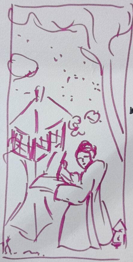 Sketch of Beauty Viewing Cherry Blossoms At Night