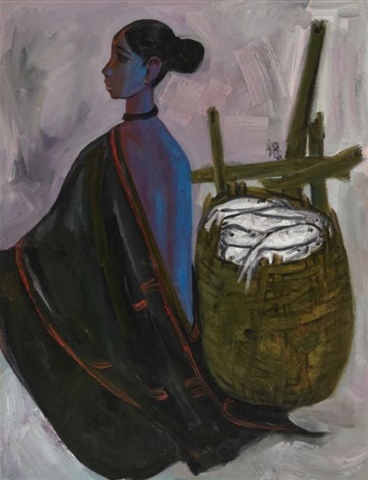 A stylised oil painting of a woman with a basket of fish, her skin is lit with blue light, making the dark brown look more purple
