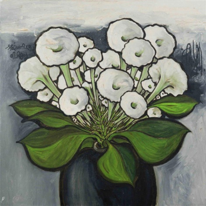 An oil painting of a bowl of flowers, with a very bold black outline around the composition. The background is a messy mix of white and grey.