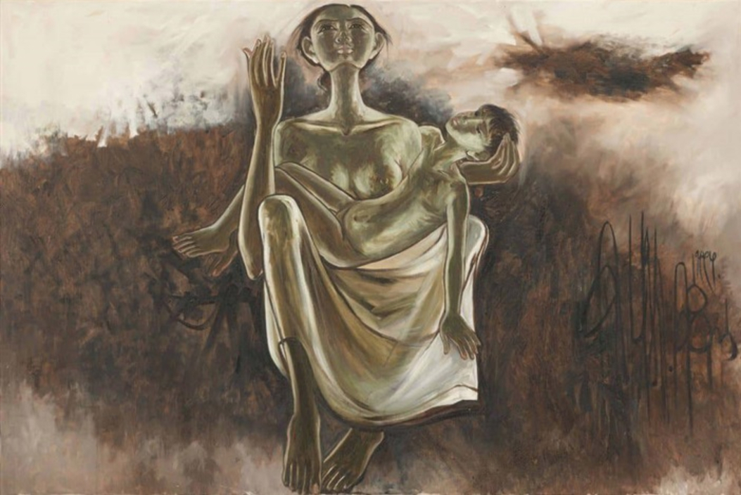 A painting of a stylised woman holding a dead seeming child, both are heavily shadowed. The background is dark and aggressive and evokes bombs exploding.