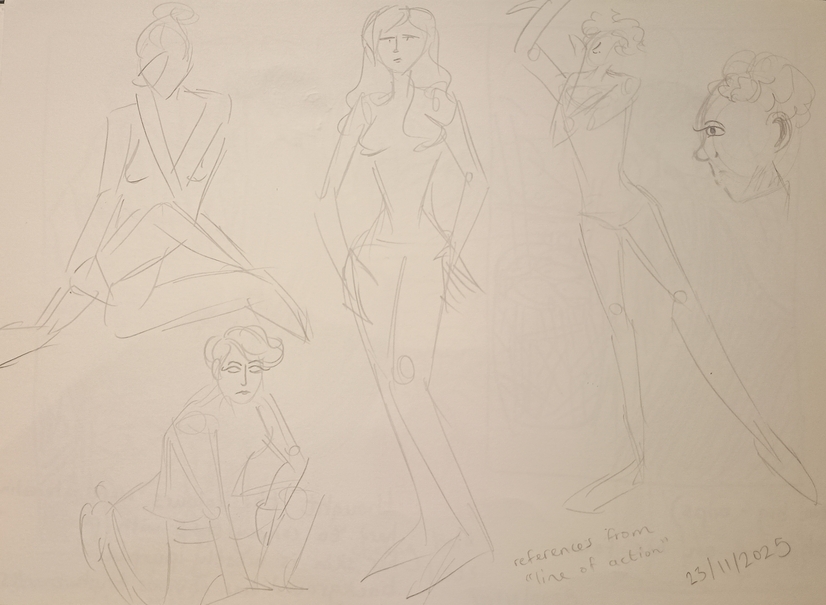 Pencil sketches of women with elongated, willowy figures