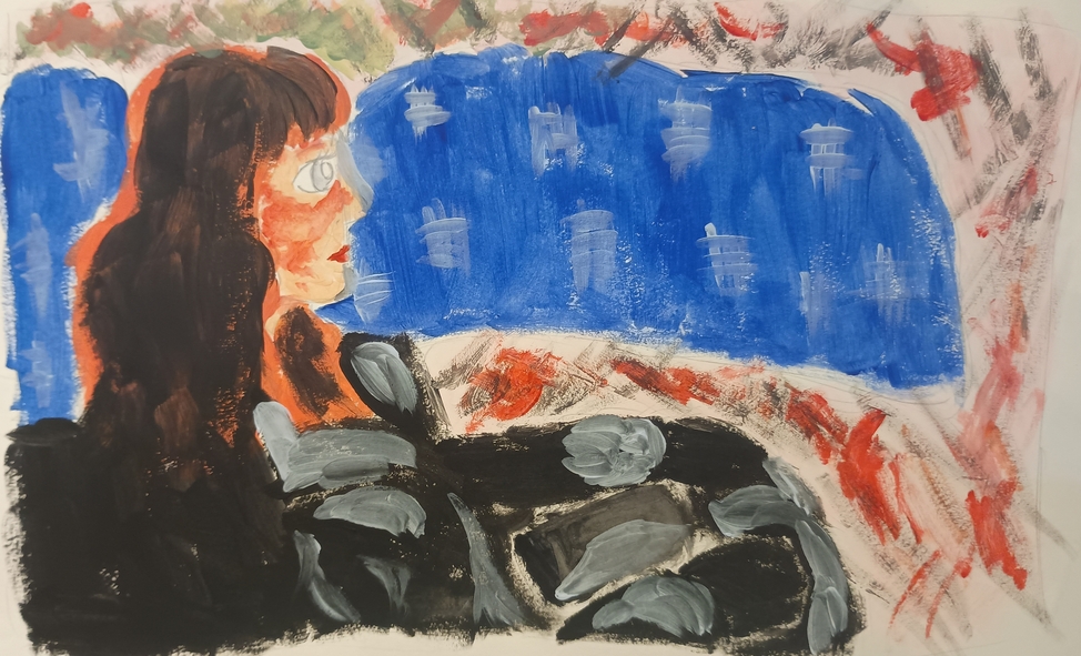 Pencil of a young woman looking forward with a phone in her lap