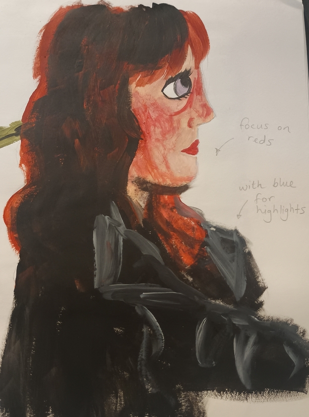 Painting of a young woman in profile, her hair is a deep red with dark deep shadows