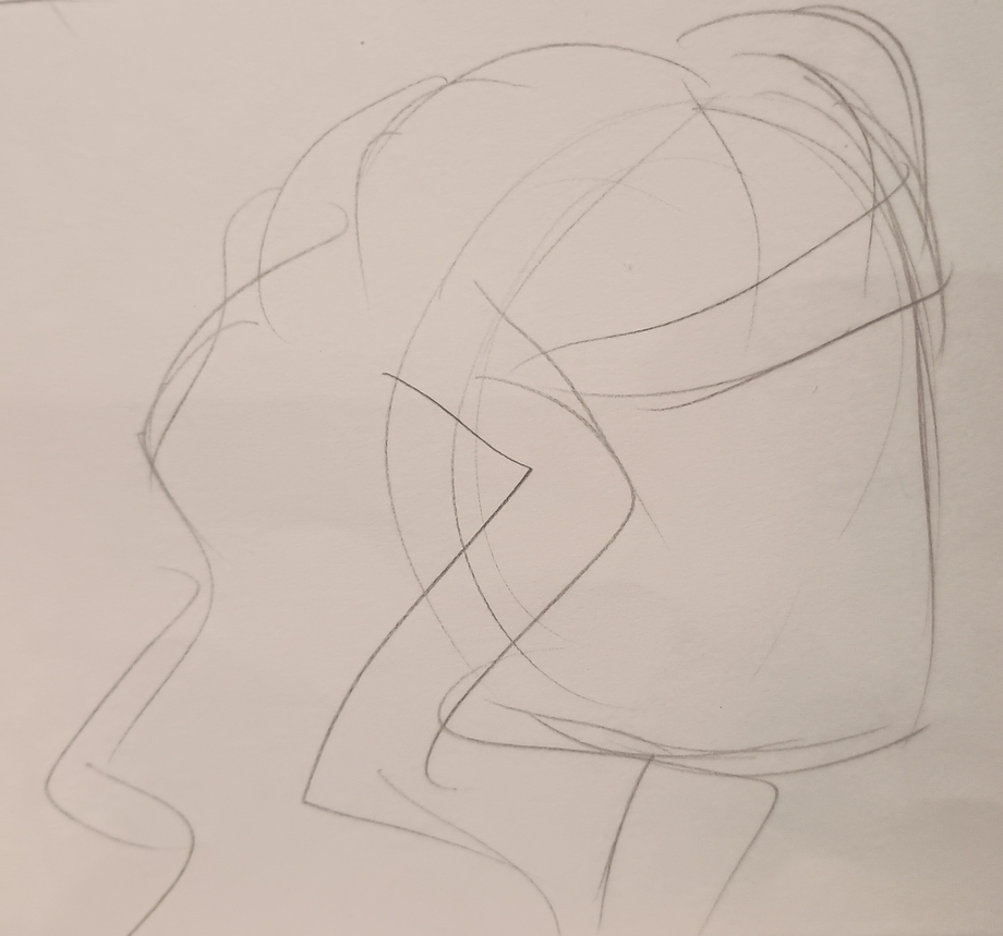 pencil sketch of a young woman in profile, very stylised only the basic shapes of her hair and face are defined