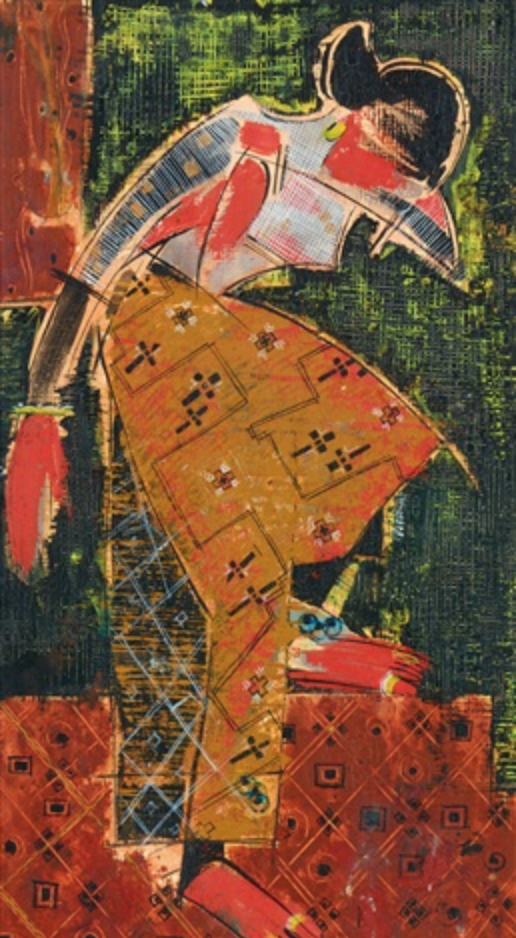 A very stylised (almost Picasso-esque) painting of a woman in despair. Her head, torso and the background look like different quilt patterns.