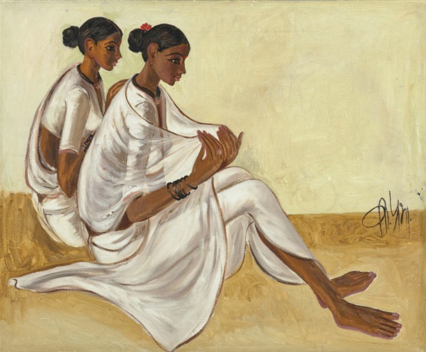 A stylised oil painting of two Indian women wearing white saris. They are sat in contemplation. Their hands, feet and limbs are very elongated.