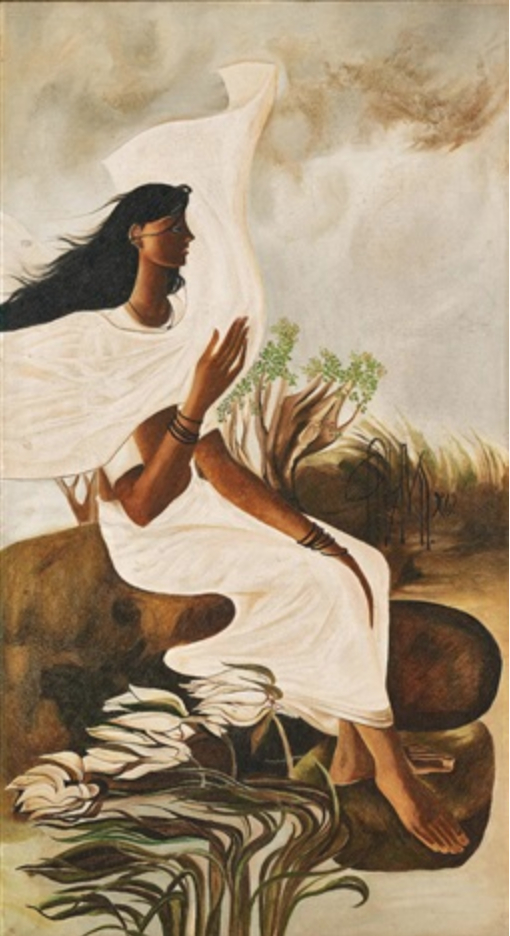 A stylised oil painting of a woman sat down while the wind is blowing her hair and sari forcefully. The flowers in the foreground are almost at a right angle due to the force of the wind.