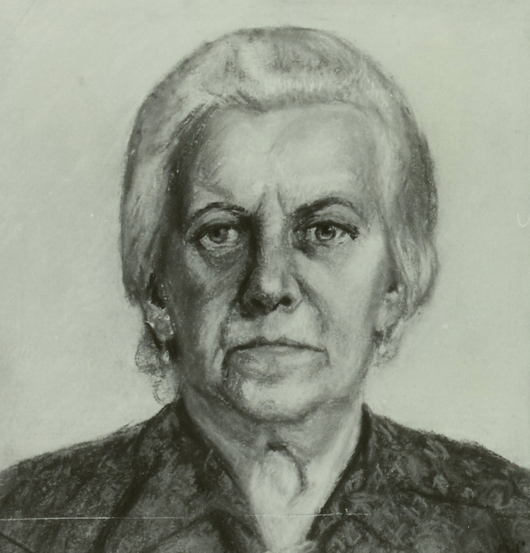 A black and white charocal portrait of a late middle aged woman (not Toni Ebel, but I don't know who she is) staring straight ahead. Her hair is up and she is wearing a dark shirt/blouse