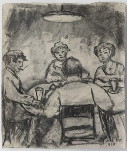 A charcoal sketch of four people playing cards around a table