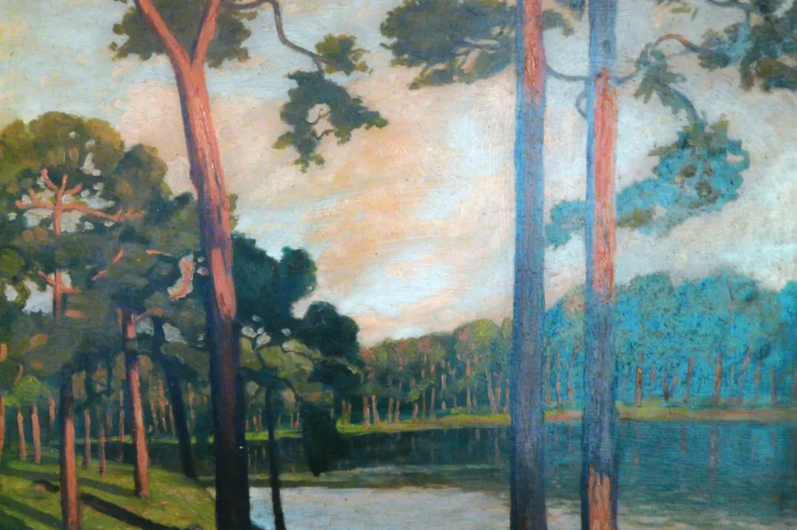 An oil landscape of a river that is surrounded on either side by lots of trees. The front most trees are not fully in view due to how 'close' they are to the front.