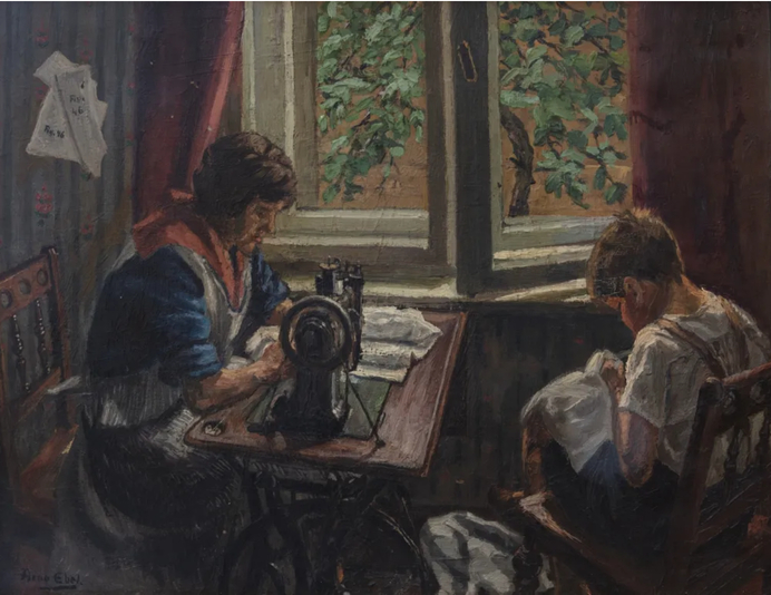 An oil painting of a woman and a boy sat around a table sewing, the woman is using an old fashioned sewing machine and the boy is using his hands