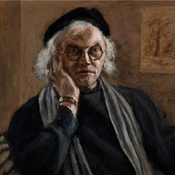 Painted self portrait of Toni Ebel, a late middle aged white woman wearing a beret, large glasses and black jumper and grey scarf