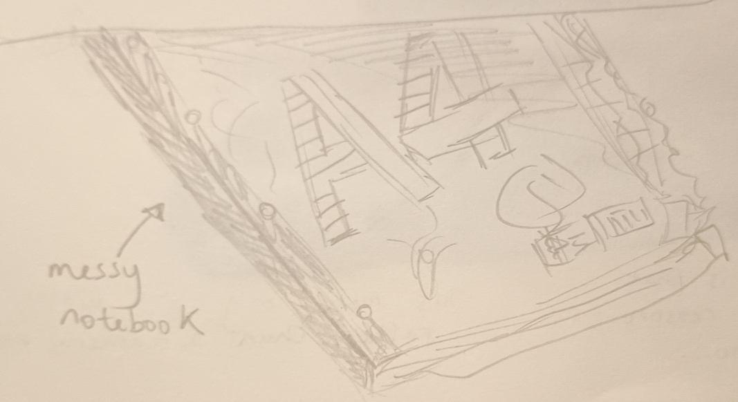 Pencil drawing of a messy notebook
