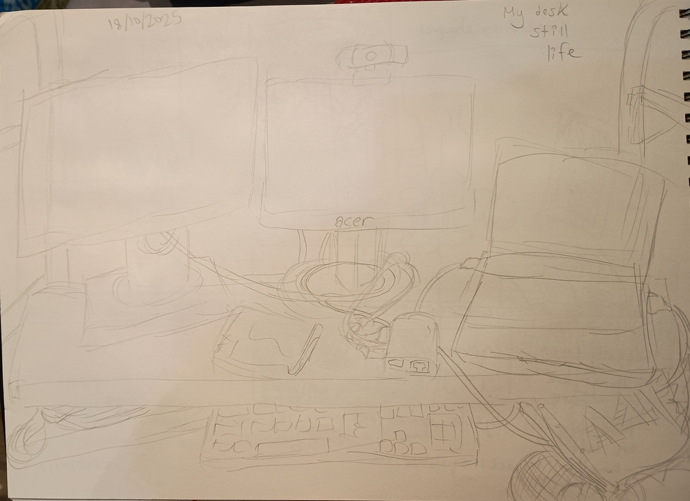 Pencil drawing of a desk with two monitors, a laptop, and dongle, wires and a messy notebook strewn across it