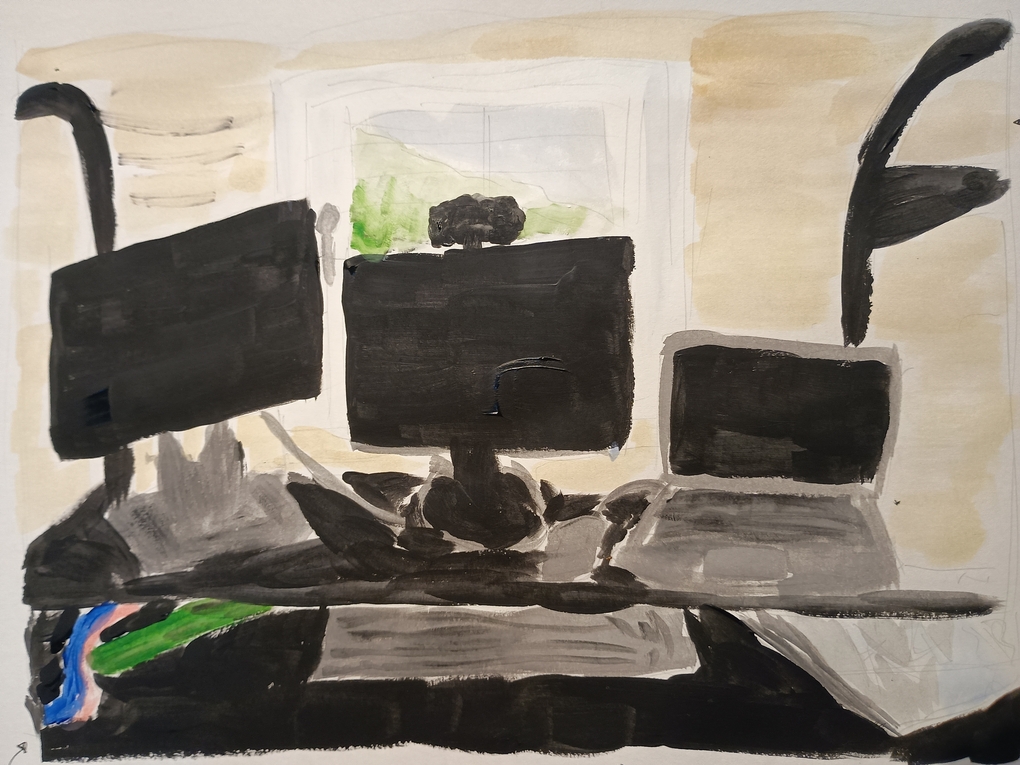 Rough acrylic painting of a desk with two monitors, a laptop, and dongle, wires and a messy notebook strewn across it