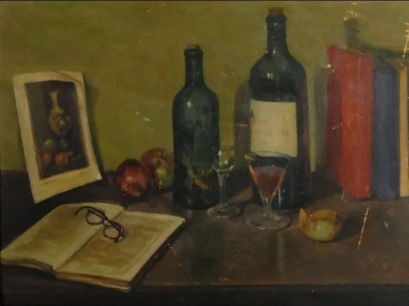 An oil painting of a desk with a book wih glasses on top of it, several bottle of wine with two glasses - one empty, one full , two apples, some books and a small painting within the painting of a still life with a vase and two apples