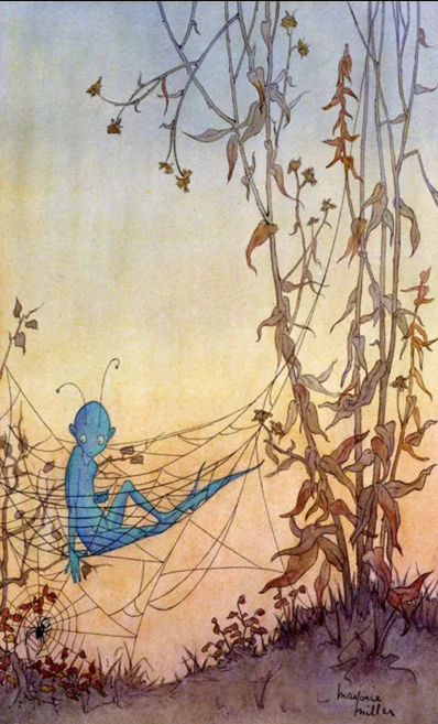 A little blue creature sitting on a cobweb that is between several plants