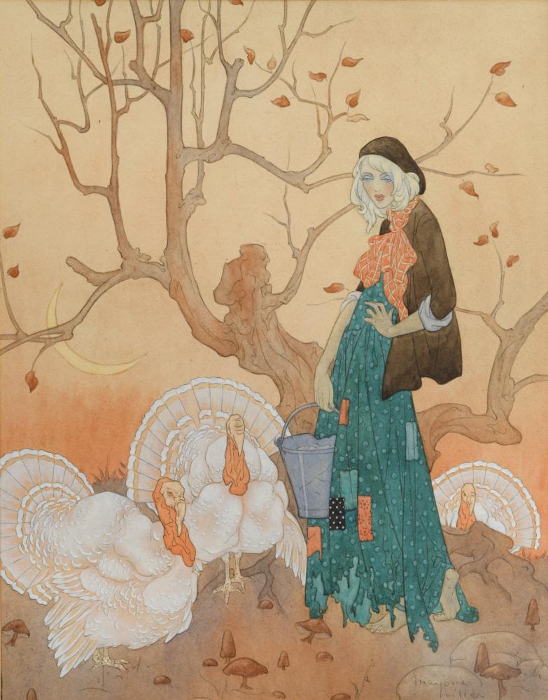A woman in rags, but a very 1930s style made up face, is holding a bucket to feed three turkies. Behind is a tree with only a few brown leaves.