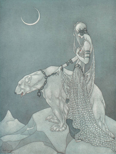 A skinny woman in silver, with pale skin, standing on a glacier with a polar bear. There is a sliver of moon visible (a very thin crescent)