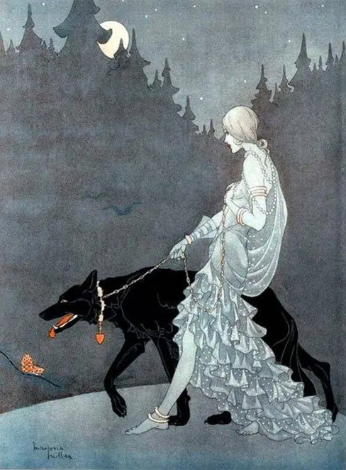 Skinny woman wearing silver dress and barefoot walkin g a large black dog in the night. The background is a silhouette of many trees.