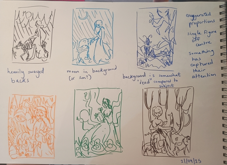 Six felt tip sketches based on Marjorie Miller's artworks, with notes